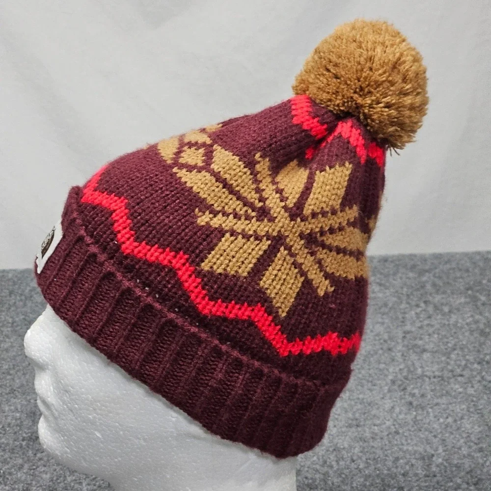North Face Beanie Hat Burgundy Red Snowflake Knit Pom Pom Winter Skier Gorpcore